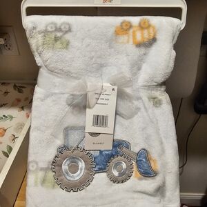 Baby Gear Blue and White TractorBlanket with Vehicle Design